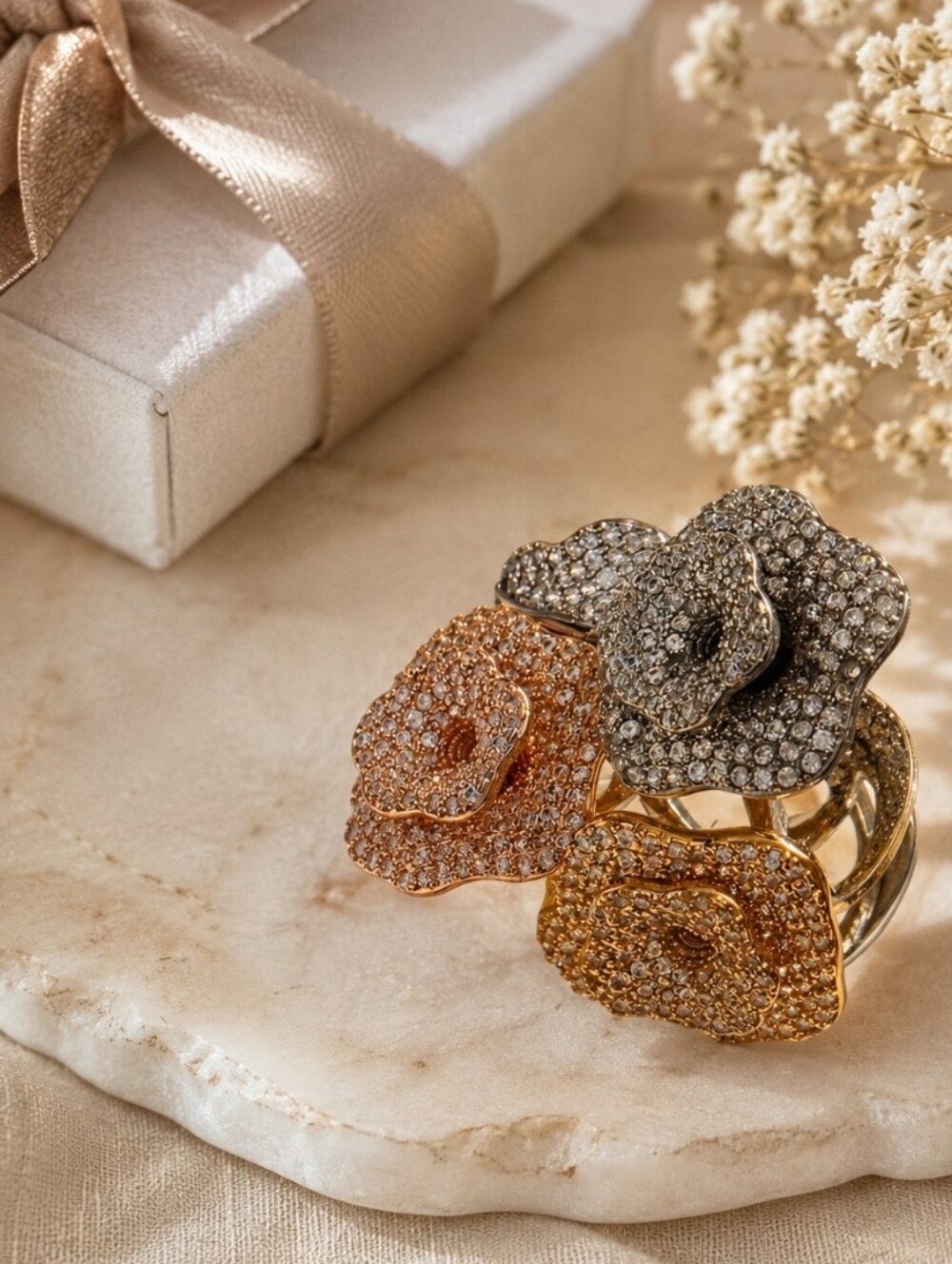 Tri-Color Pavé Flower Ring - Rose, Silver & Gold